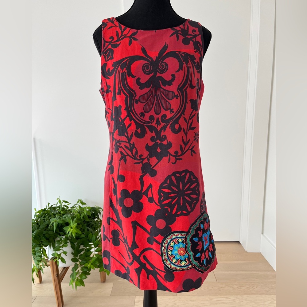 DESIGUAL Sleeveless Shift Dress Pockets Red Fully Lined